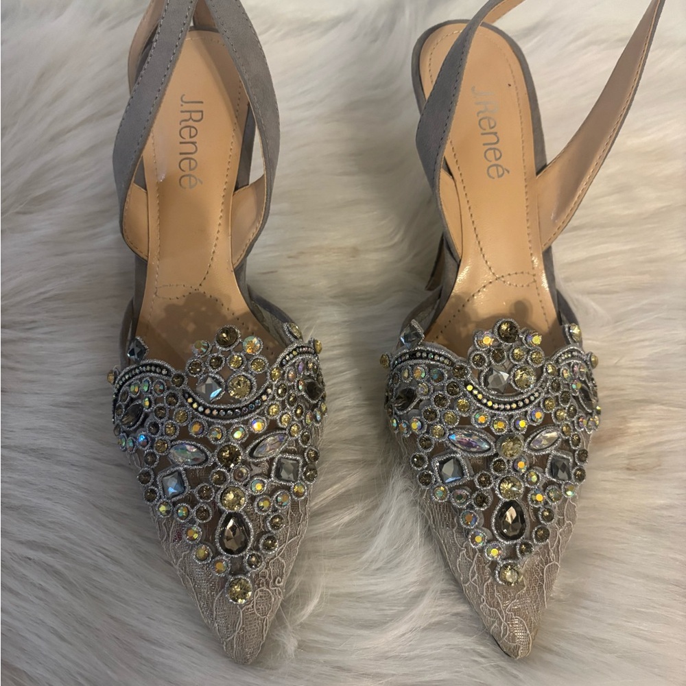J.Renee Gray Embellished Slingback Heels